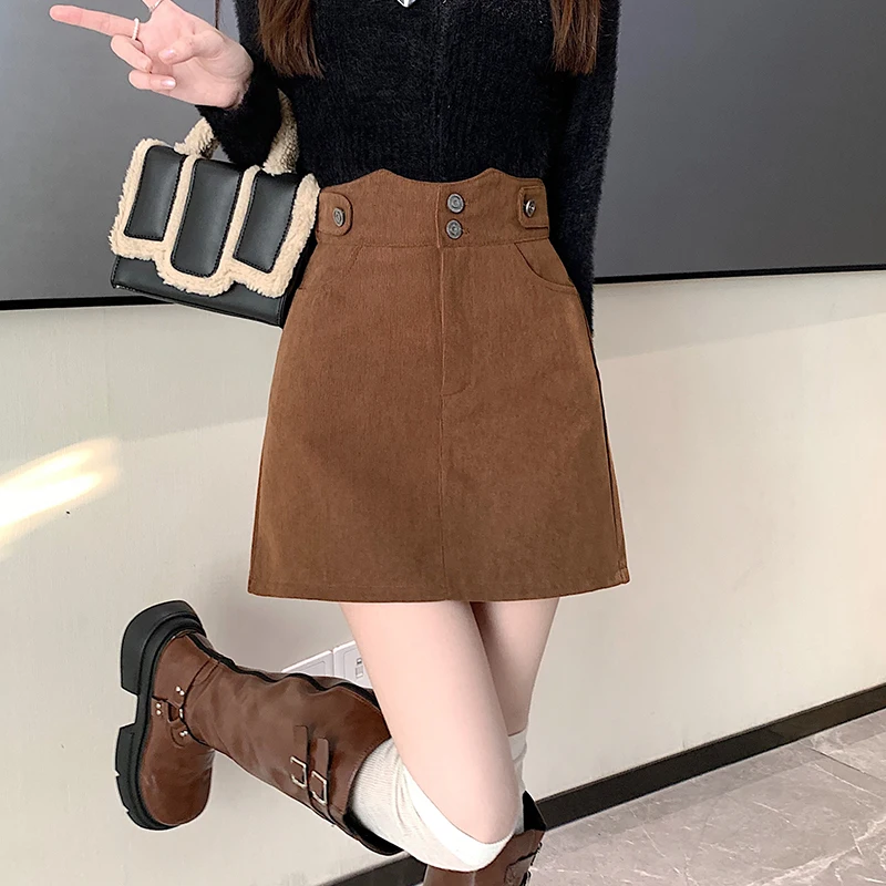 Short Skirts Women Autumn and Winter New Arrival Retro Corduroy High Waist Solid Color Thin A-line Korean Fashion Skirts Female