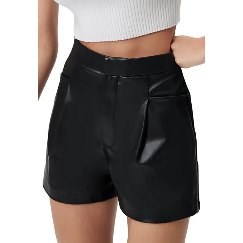 High Waist PU Leather Mini Shorts with Pockets for Women Casual Faux Leather Straight Leg Stretchy Shorts for Female Ladies