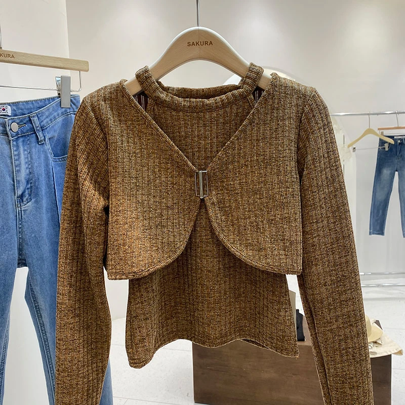 

Женский Короткий трикотажный кардиган с V-образным вырезом и однотонный облегающий Топ