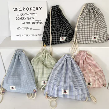 Zaino da donna estivo Borsa a due spalle con coulisse alla moda Zaino Kawaii per ragazze adolescenti Zaino in tela ultraleggero scozzese coreano