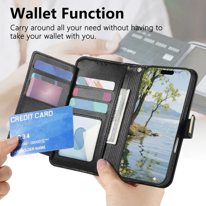 Floral Leaf Design Flip Leather Phone Case with Wrist Strap and Zipper Wallet