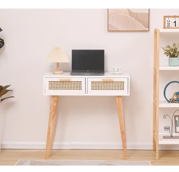 Nordic Solid Wood Dressing Table Bedroom Rattan Jewelry Cabinet Multi-functional Computer Desk, Double Draw Design, Makeup Table