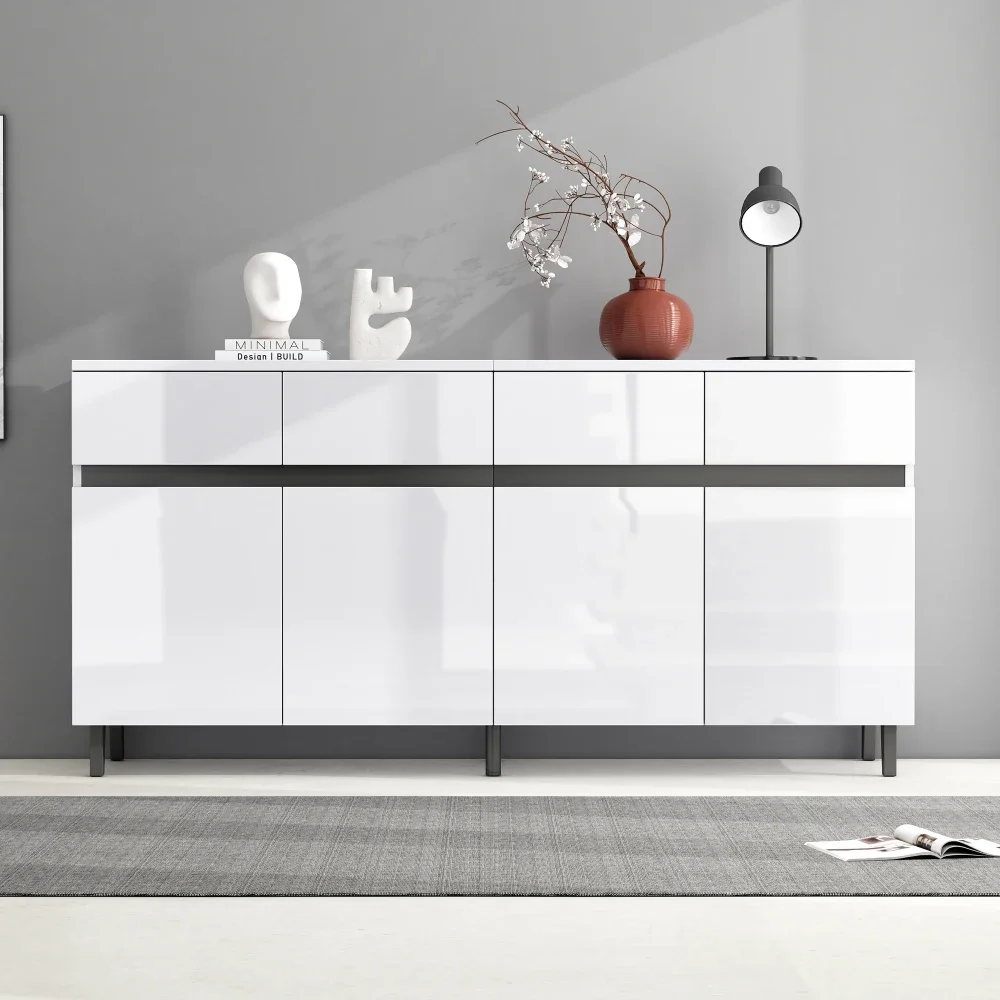 Modernes Hochglanz-Sideboard, Schubladen, Highboard, Schubladenschränke mit 4 Schubladen, 2 Türen und höhenverstellbaren Regalböden – Detail 7