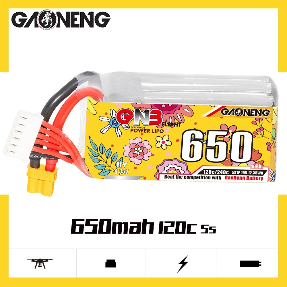 

Аккумулятор Gaoneng GNB 5S1P 650 мАч 19,0 в 120C/240C HV Lipo с разъемом XT30 XT60 для FPV гоночного дрона радиоуправляемого квадрокоптера вертолета запчасти