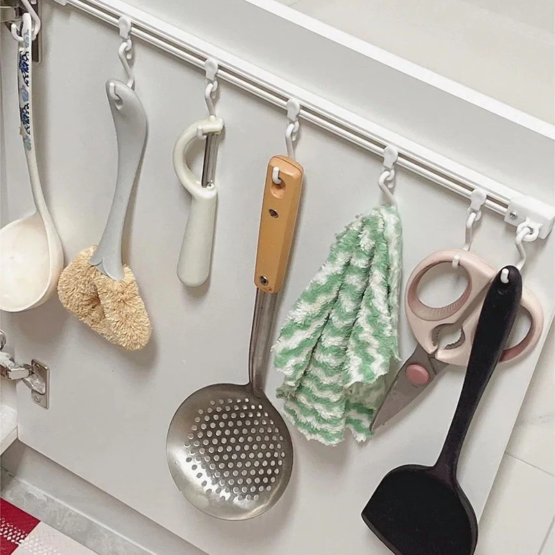30/40cm Kitchen Rail Sliding Hook with 10pcs S Hooks No Punch Adhesive Cabinet Wall Hanging Hooks for Home Storage Key Organizer