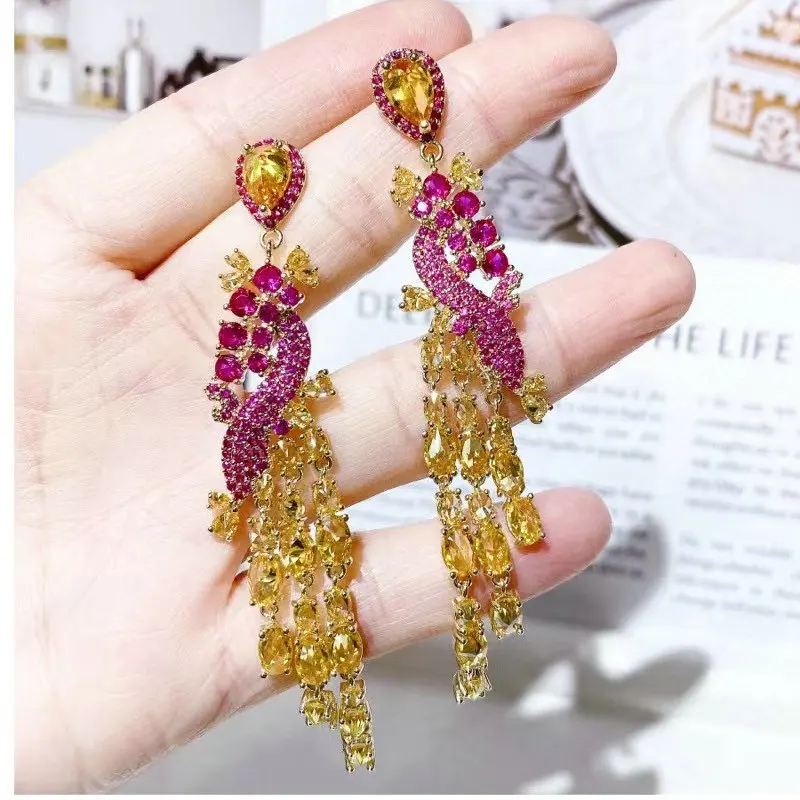

Bilincolor Red and Yellow Luxury Tassel Drop Earring for Women