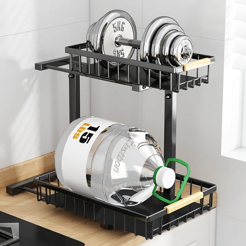 Metal rack placed in a cabinet holding assorted household items