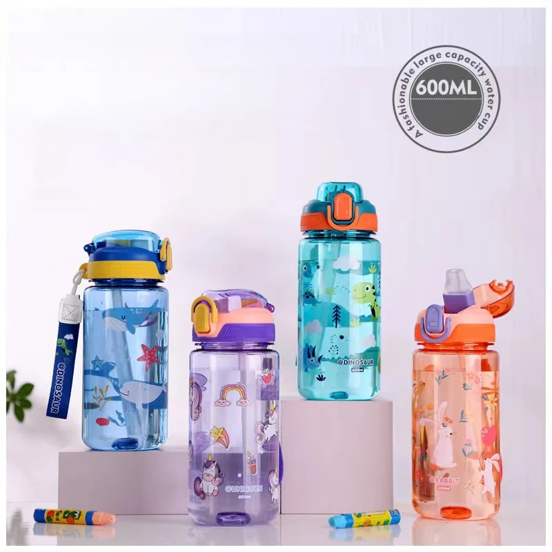 Kids Water Bottle 600ml Dinosaur Sippy Cup With Silicone Straw Leakproof
