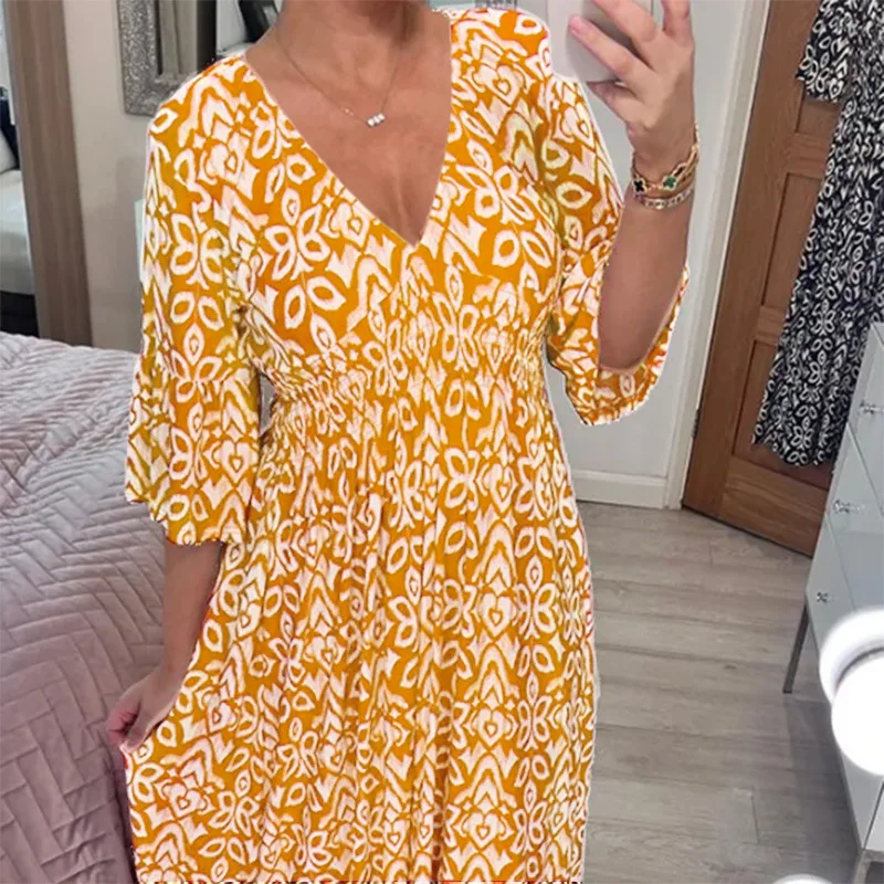 

2023 Autumn New Elegant Fashion Bohemian Women Printed Dress Leisure Loose V-neck Flare Sleeve A-Line Commuting Dresses Vestidos