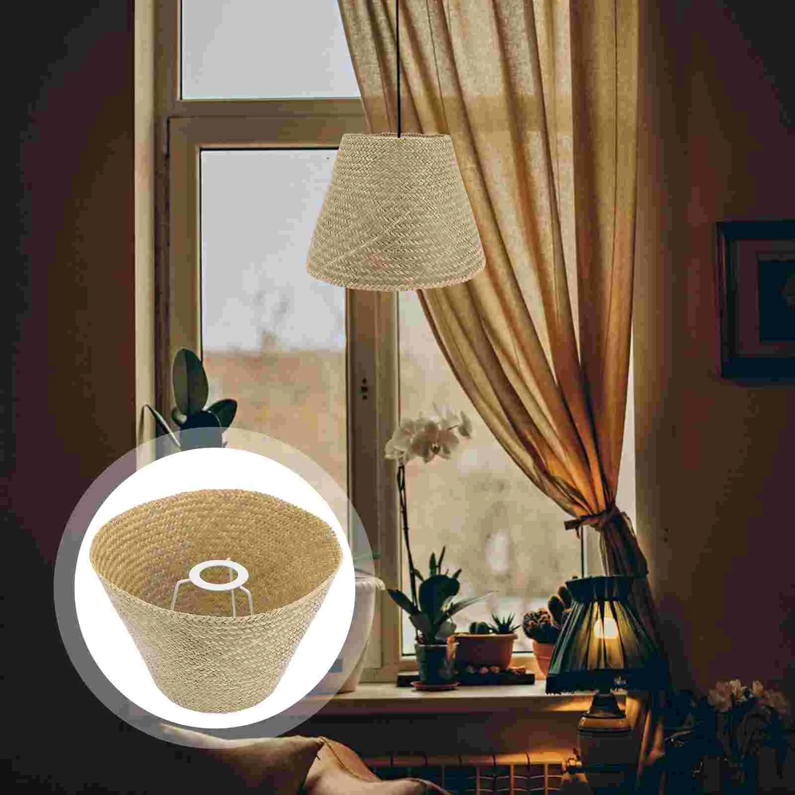 

Rattan Lampshade Vintage Hand Woven Desk Light Rustic Hanging Chandelier Shade for Bar Cafe Living Room