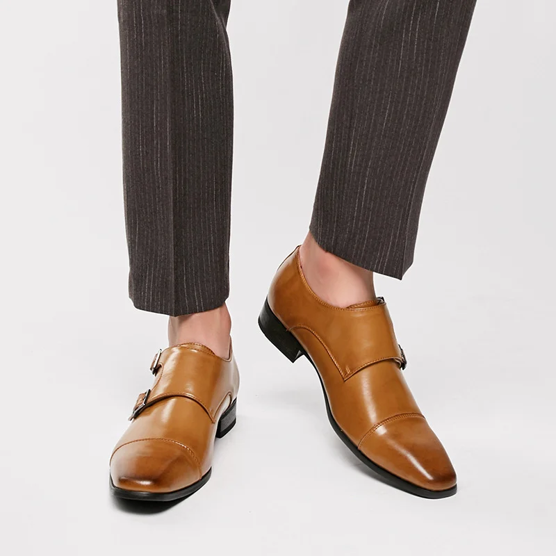 Leather Men Dress Shoes Loafers New Double Strap Buckles Designer Casual Leather Shoes for Men Business Formal Wedding Shoe