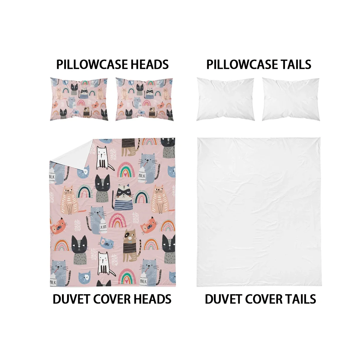 3-piece down duvet cover with cartoon cat pattern print (1 down duvet cover+2 pillowcases, no core) Soft bedding set