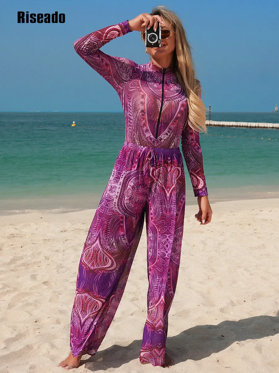 Mesh Swimsuit with Long Pants Abstract Print Long Sleeve Mesh Beachwear Sexy High Waist Bathing Suit Smart Beach Clothing