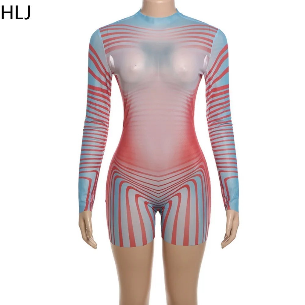 HLJ Fashion Y2K Trend Streetwear Women Printing Round Neck Long Sleeve Bodycon Rompers Summer New Female Slim Sporty Jumpsuits