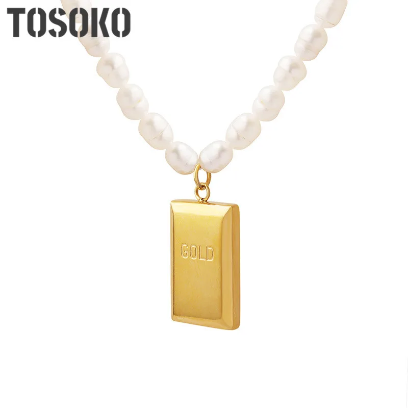 

TOSOKO Stainless Steel Jewelry Geometric Small Square Brick Pendant Chain Freshwater Pearl Necklace BSP1292