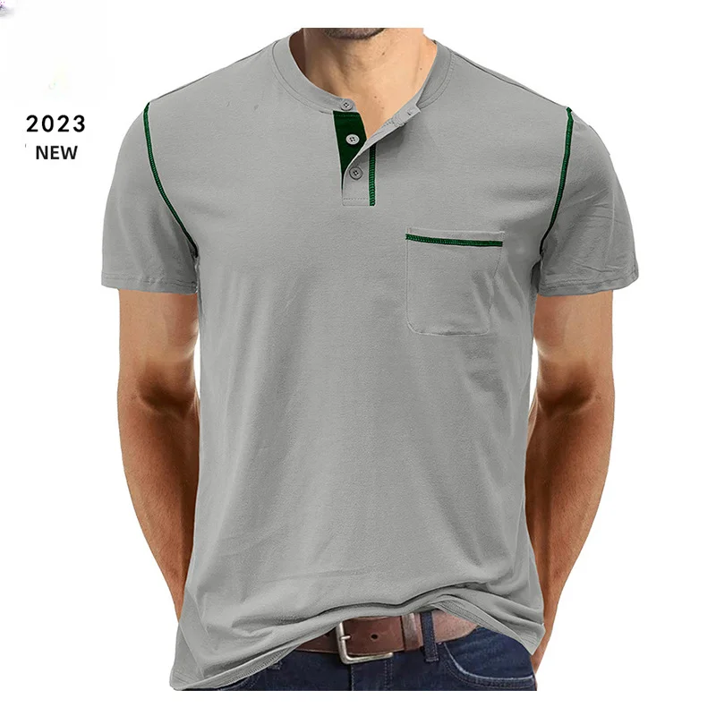 

2023 Summer New Short-Sleeved T-shirt Men's Solid Color Casual Men's T-shirt Henry Men's Clothing Streetwear