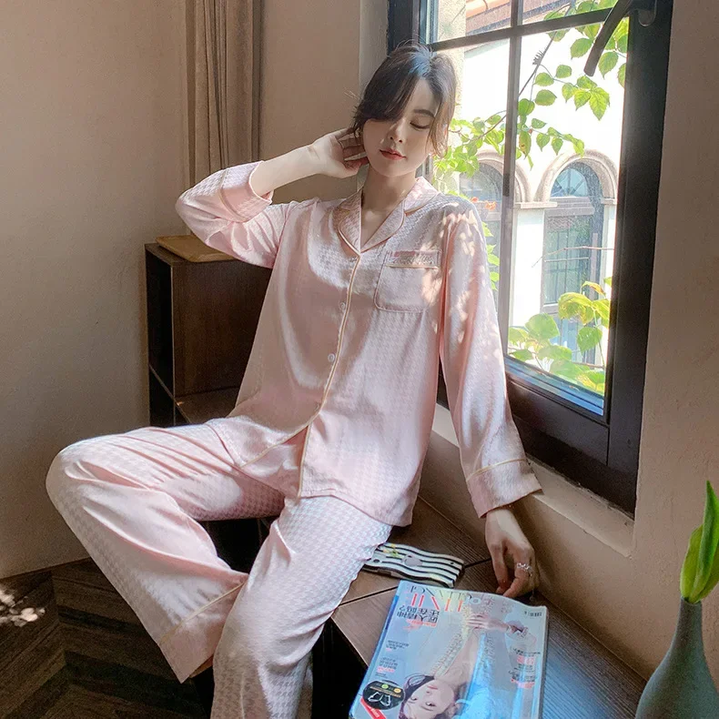 Pajamas Set for Women Ice Silk Long-sleeved Luxury Home Clothes Houndstooth Sleepwear Homewear Women's Pajamas Autumn and Winter