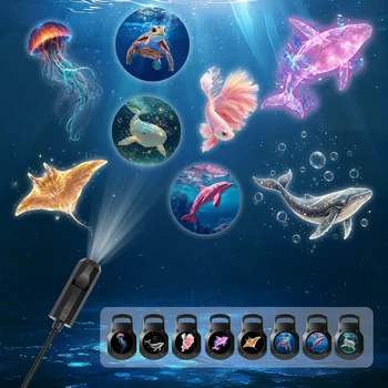 Proiettore portatile di luce marina, con 8 pannelli luminosi tra cui meduse, balene e tartarughe marine; alimentato tramite USB, 360°. °   putrido