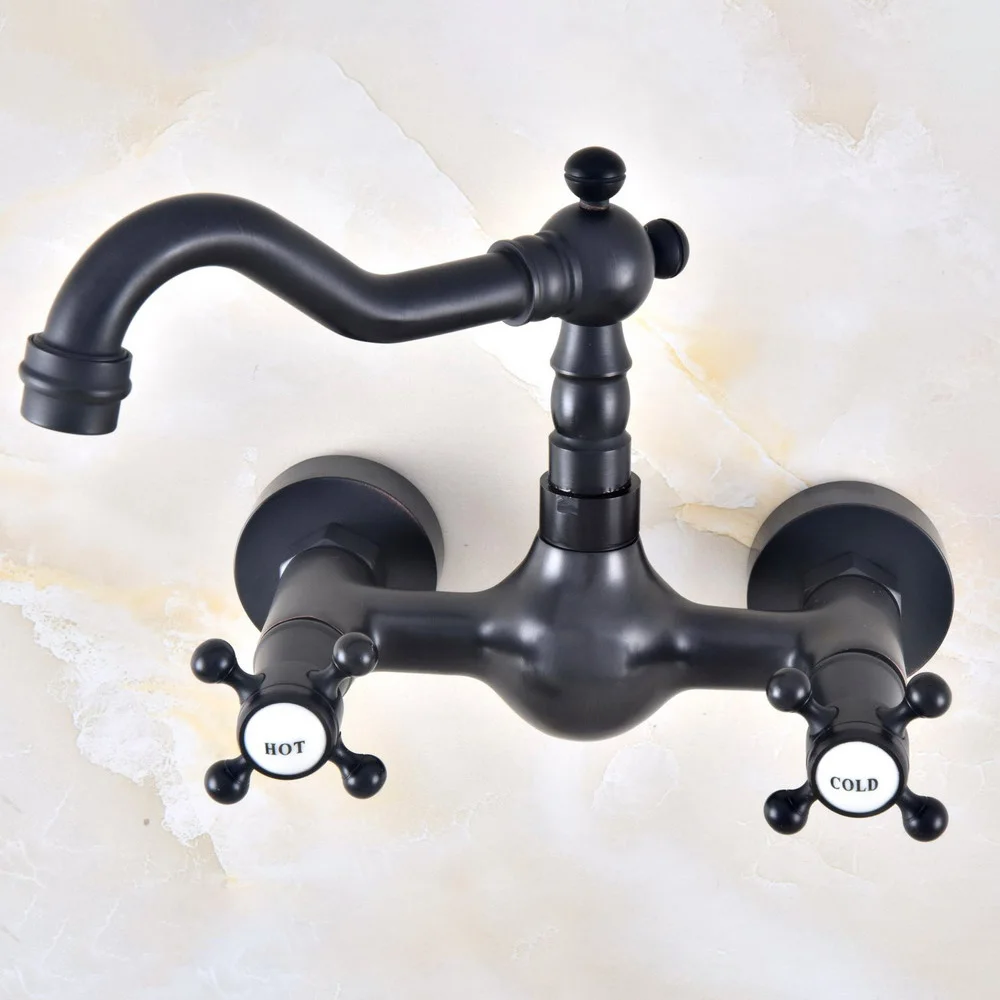 

Black Oil Rubbed Bronze Swivel Spout Bathroom Basin Faucet / Wall Mounted Dual Handles Vessel Sink Mixer Taps tnf463