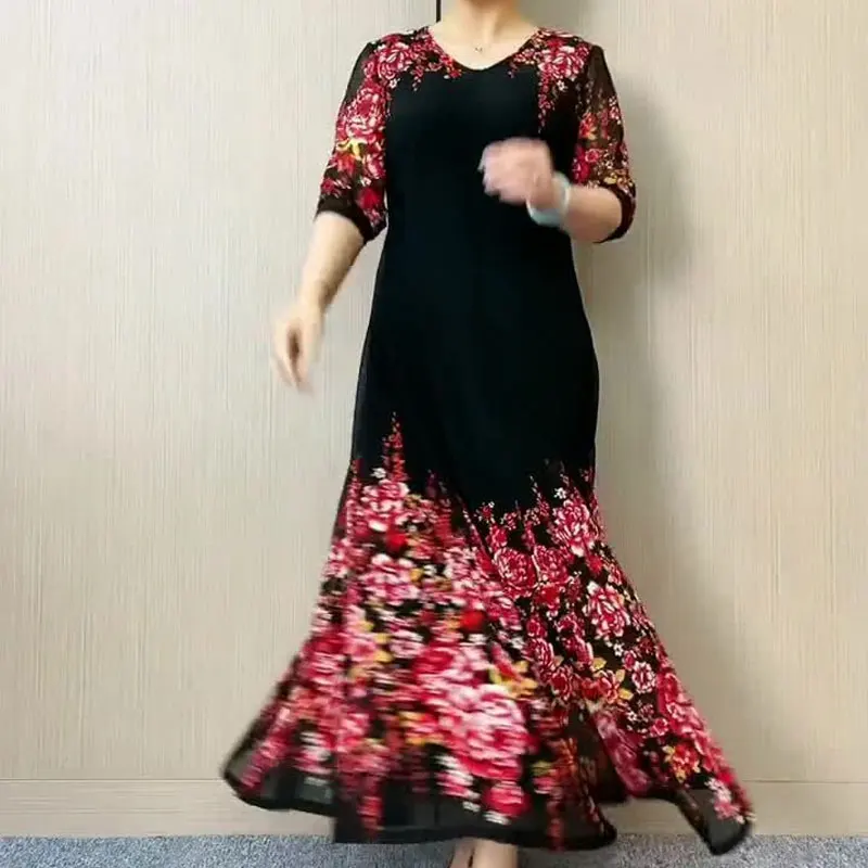 Vintage Floral Gauze A-Line Dress - V-Neck, 3/4 Sleeve, Long Skirt