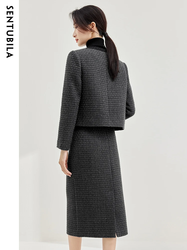 SENTUBILA Vintage Skirt Set Women Outfits 2023 Hight Quality Wool Blend Jacket Lady High Waist Midi Skirt 2 Piece Sets 134Z50818
