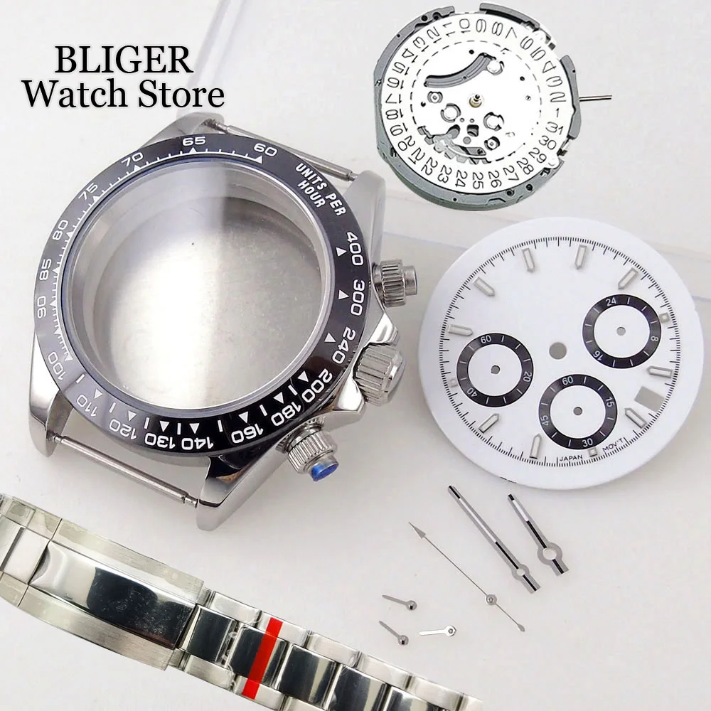 

39mm VK63 Case Japan Quartz Chronograph Multifunction Sapphire Crystal Stainless Steel White Blue Black Dial Men Watch Parts