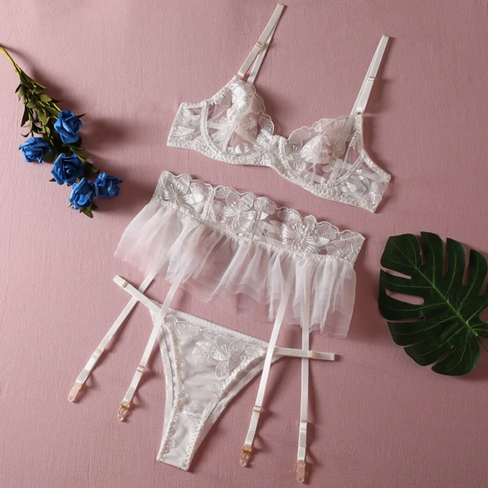 Flower Embroidered Bra Thong 3Pcs Sets Women Lingerie