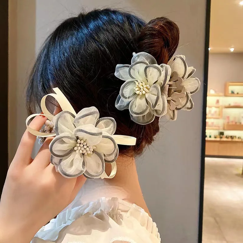 

Large Flower Bow Hair Claw Jaw Clips For Women Hairpin Silk Chiffon Floral Crab Clips Girls' Wedding Barrettes Hair Acces