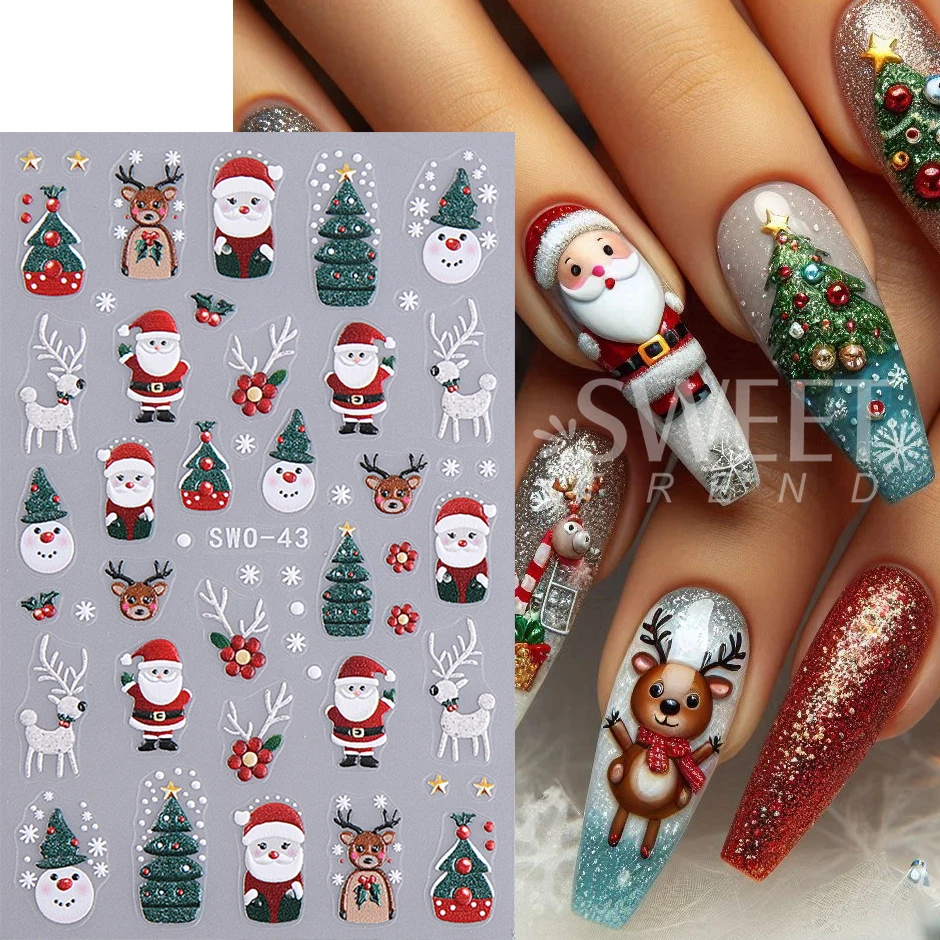 2/3pcs Christmas Embossed Nail Stickers Snowman Gingerbread Man Snowflake Gloves Nail Decals Winter DIY Nail Supplies Decoration