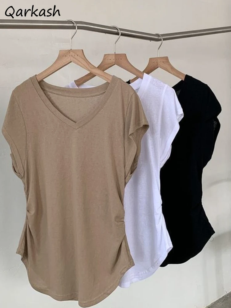 

V-neck T-shirts Women Clothing Shirring Aesthetic Summer Solid Basics Vintage Office Lady Work Wear Minimalist Casual Tender New