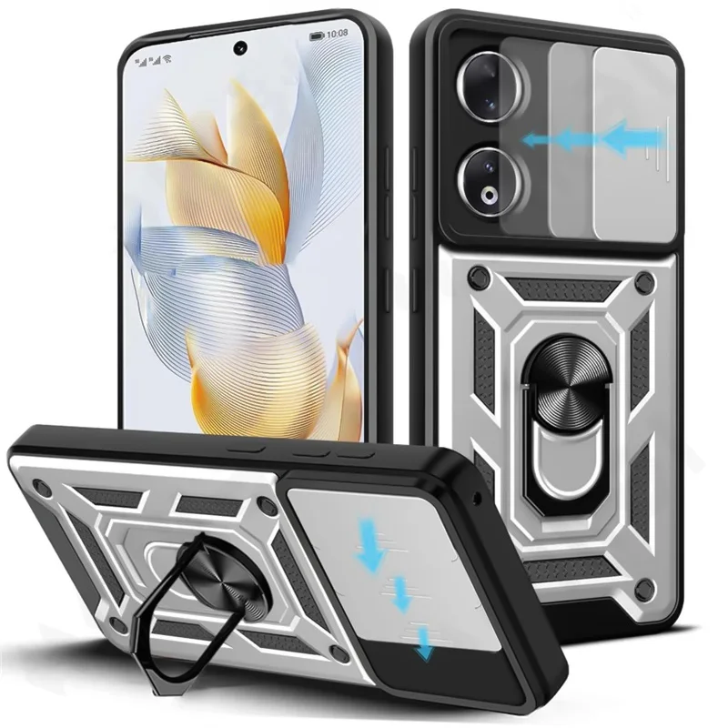 Armor Shockproof Phone Case with Magnetic 360-Degree Ring Holder and Slide Lens Cover