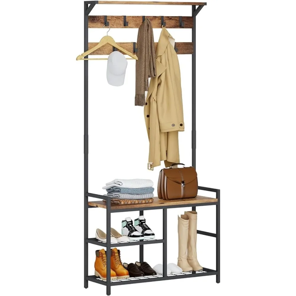 

Coat rack， Shoe Bench Floor Hanger for Clothes Wood Look Accent Furniture With Metal Frame 3-in-1 Design Hat Living Room Home