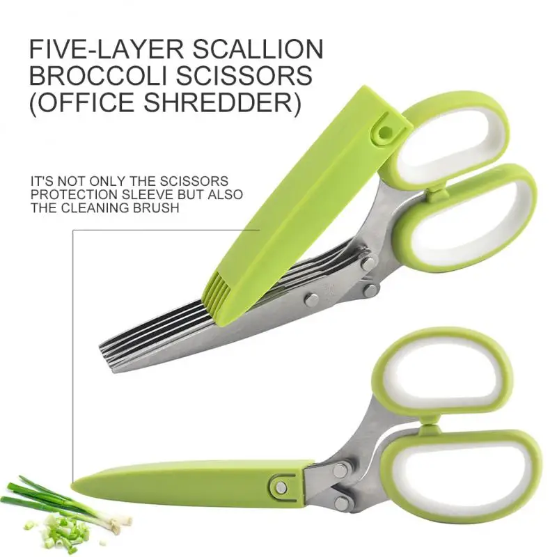 Five-Layer Vegetable Scissors Office Shredding Stainless Steel  Scissors(Green White)