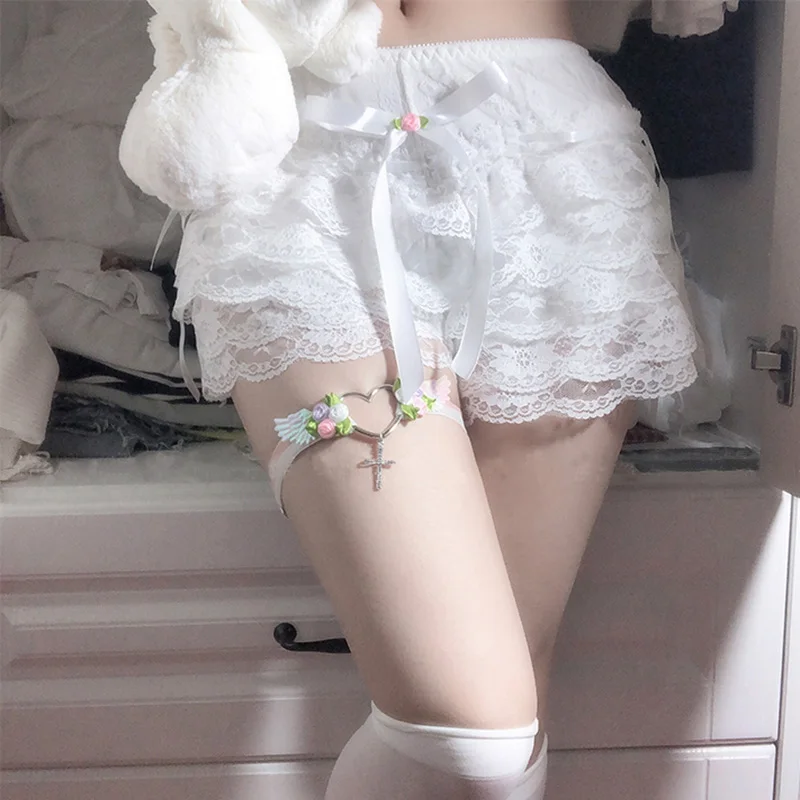 Multilayer Lace Shorts Women Lolita Bow Ruffles Elastic Waist Cute Bottoming Shorts and Leg Ring Sweet Girls Kawaii Clothes