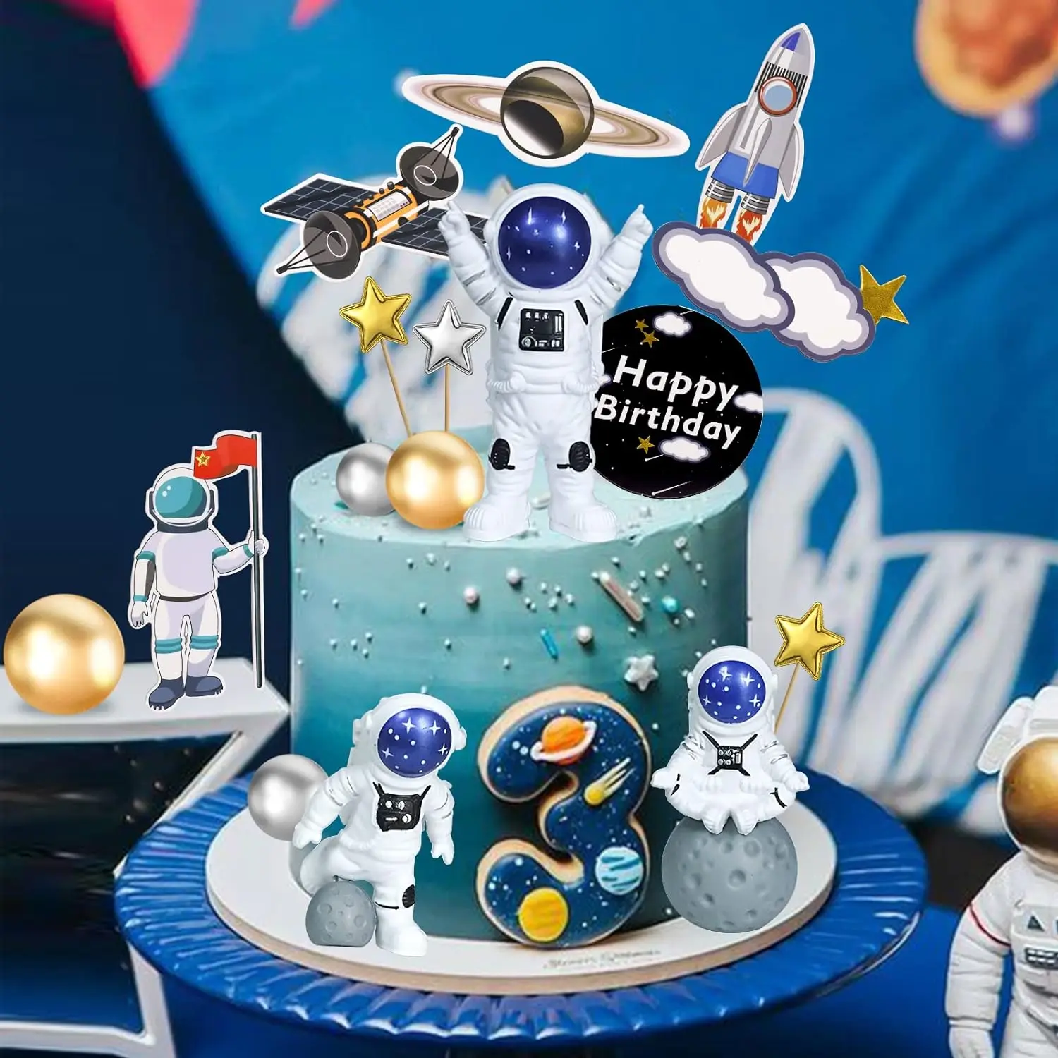 Set Di 16 Decorazioni Per Torta A Tema Spaziale - Astronauti, UFO E Pianeti - Topper Per Cupcake E Torte Di Compleanno