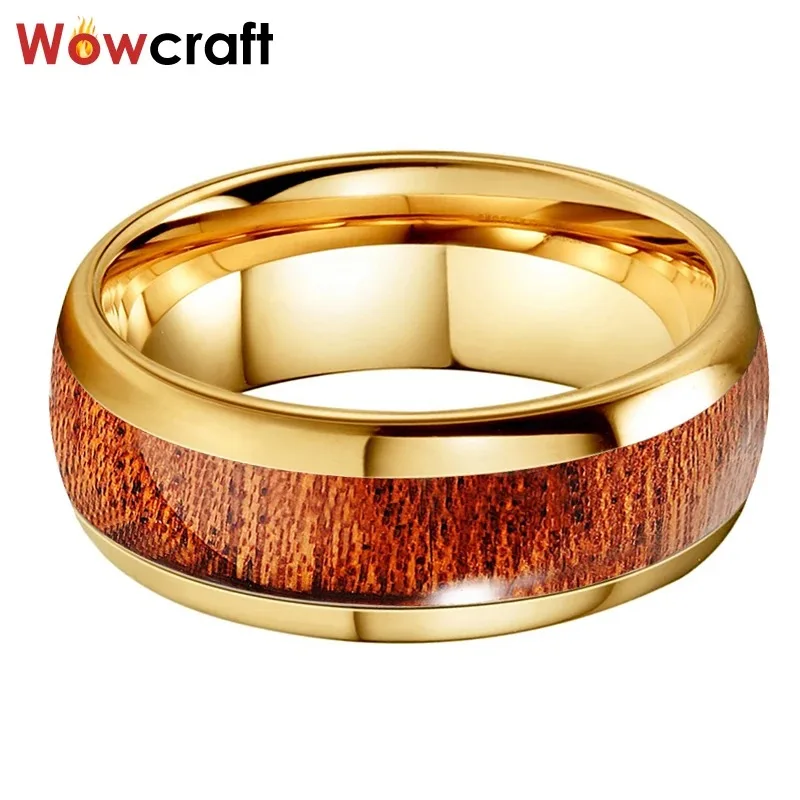 8mm Yellow Gold Tungsten Carbide Rings For Men Women Wood Inlay Wedding Band Polished with Comfort Fit