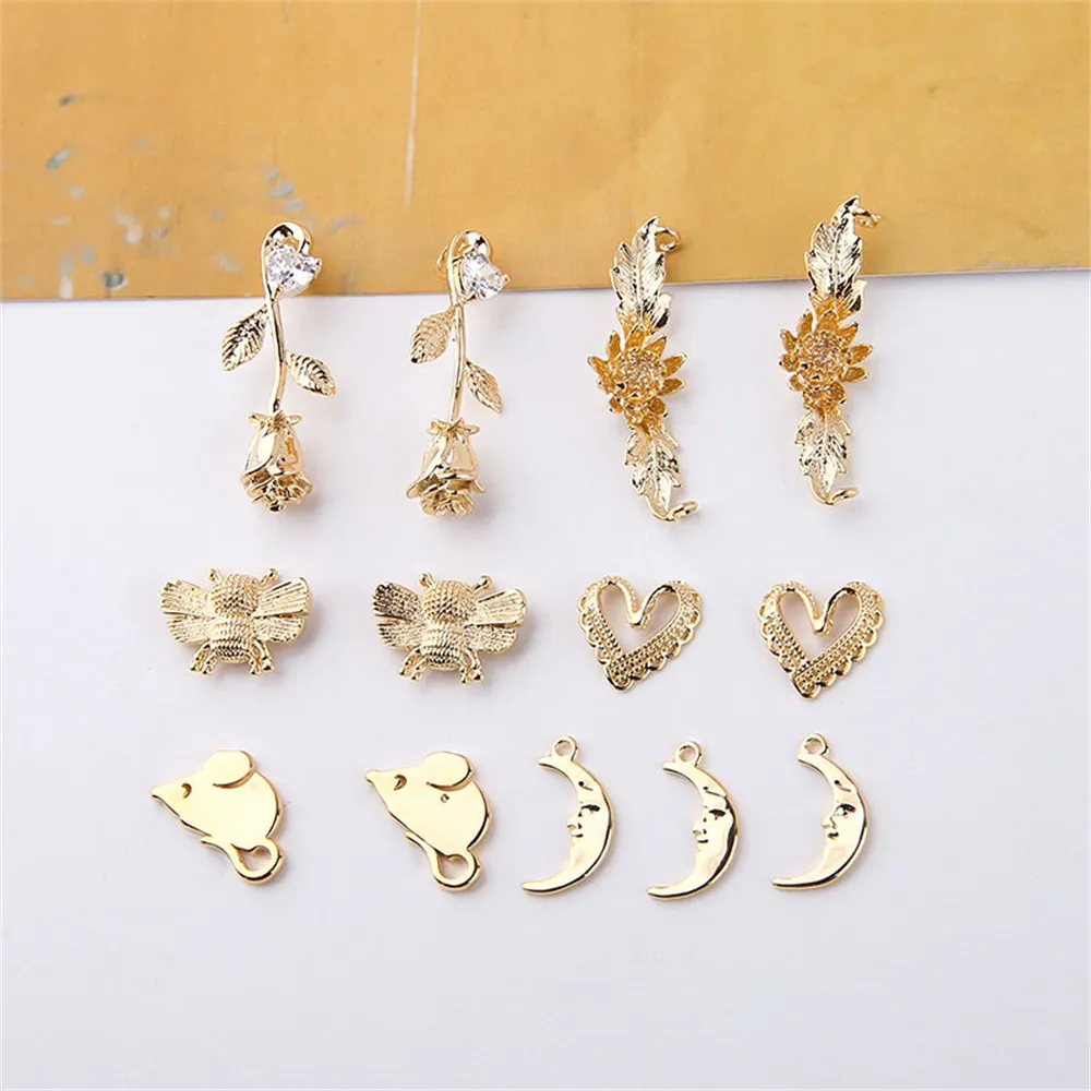 

Real Gold Electroplating 18K Gold Coated Zircon Rose with Leaves, Daisy, Bee Heart, Moon DIY Handmade Jewelry Material