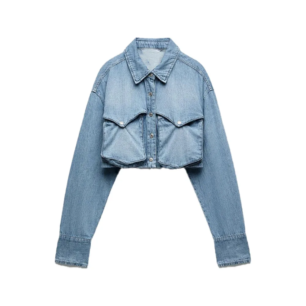 

Zach AiIsa counter quality new women's fashion retro temperament lapel long sleeves loose pocket short washed denim shirt