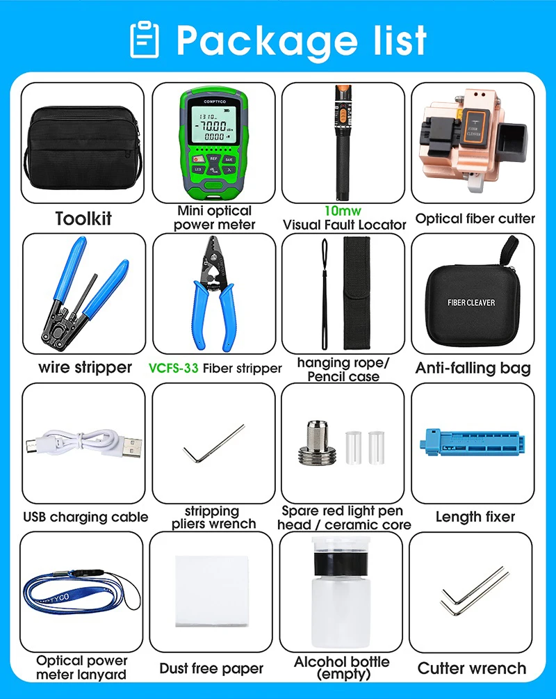 Fiber Optic Tool Kit with SX-Gold Fiber Cleaver -70+10dBm/-50+26dBm 3 in 1 Mini Optical Power Meter 10Mw Visual Fault Locator