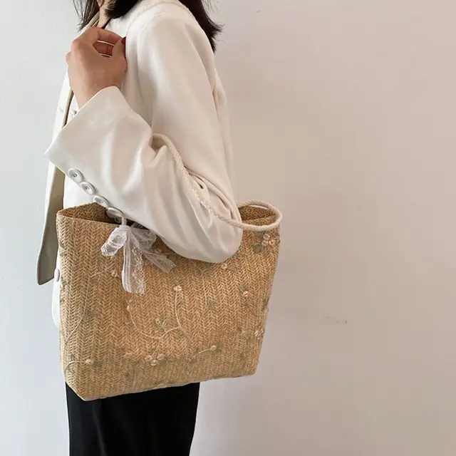 Woven Beach Tote - Large Straw Shoulder Bag with Magnetic Closure