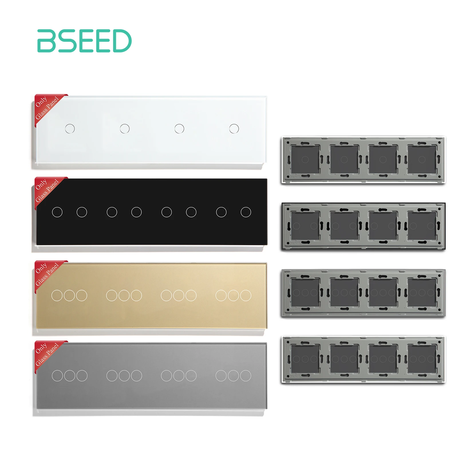 BSEED Glass Panel Only 299mm Quadruple 1/2/3Gang White Black Gloden Gray Wall Switch Function Part DIY with Metal Frames