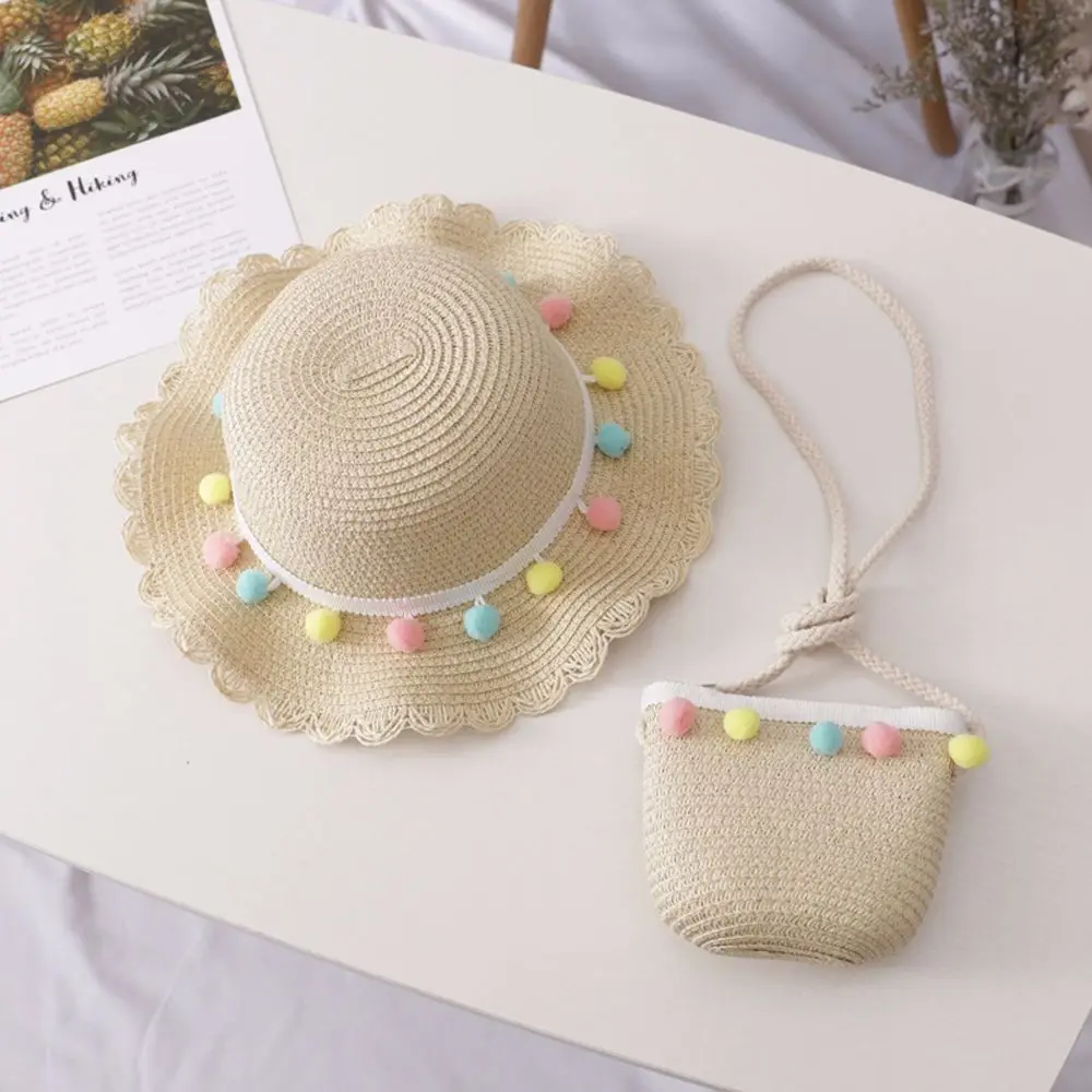 Portable Kids Pompom Ball Sun Protection Summer Straw Woven Bucket Cap