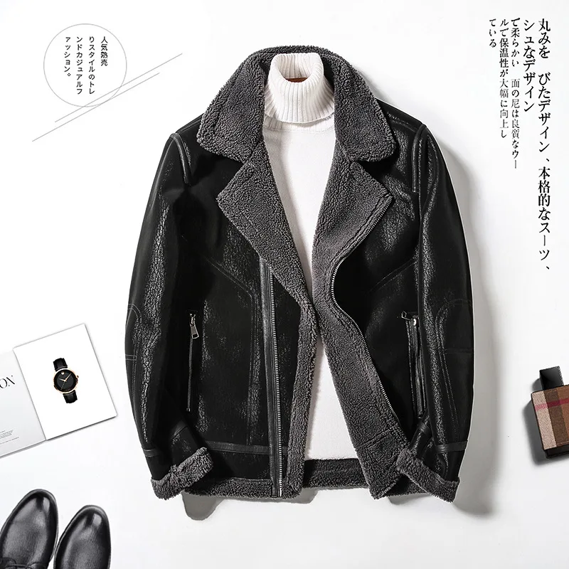 

Lapel fur one-piece jacket for men in winter warm plush thick imitation sheep skin short leather coat handsome motorcycle jacket