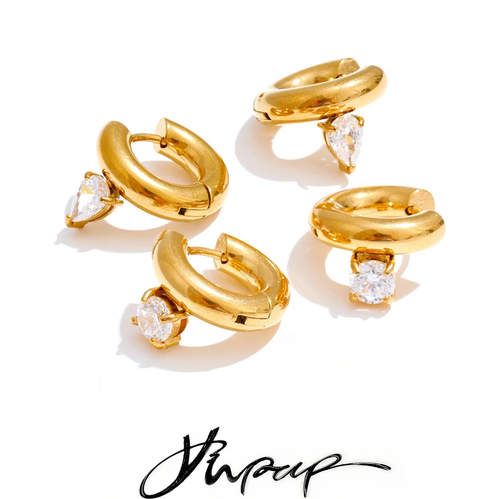 Yhpup Cubic Zirconia Round Drop Hoop Earrings Stainless Steel Daily Wear