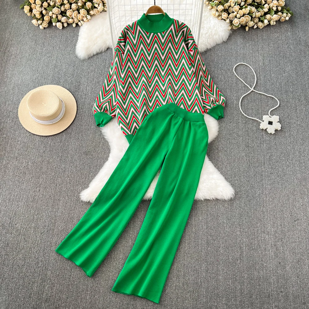 

Fashion Suit Retro Style Stand Neck Loose Knit Sweater + High Waist Straight Tube Hanging Wide Leg Pants 2 Piece Set