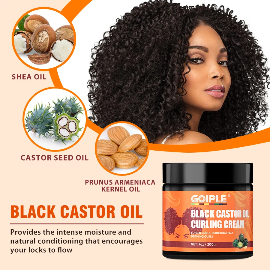 GOIPLE 200g Black Castor Oil Curling Cream Moisturizing Nourishing Cream Curl Soft Styling Product Curl Elastic Enhancer & Brush