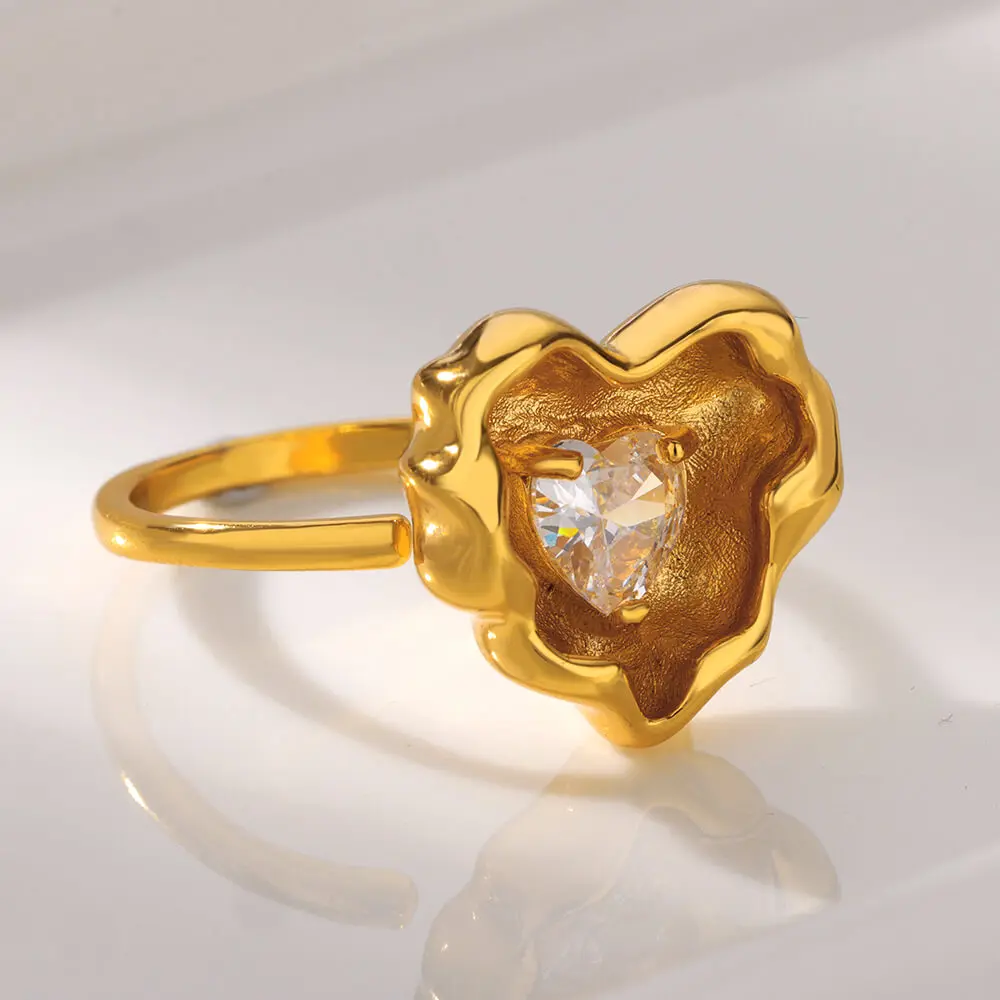 Cubic Zirconia Hearts Rings Adjustable Gold For Women