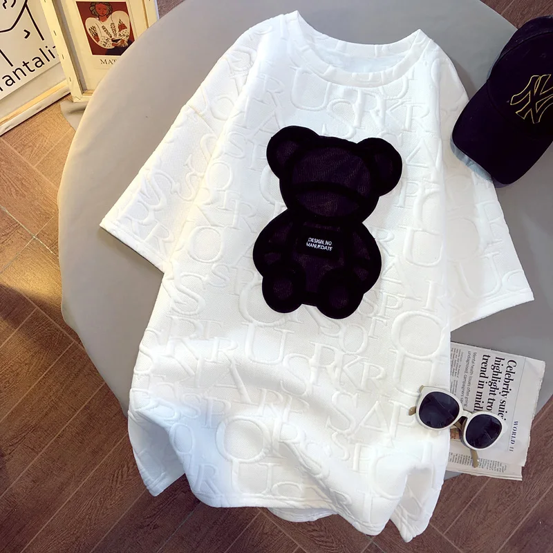 

Women's T-shirts Harajuku Girls Plus Size Tops Letter Jacquard O-neck Short Sleeves Loose Summer Tshirt Bear White Tees M-2XL