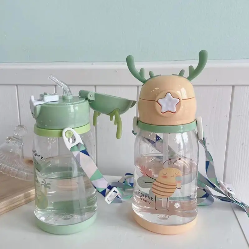 580ml Kids Water Sippy Cup Antler Creative Cartoon Baby Feeding Cups With Straws Leakproof Water Bottles Outdoor Children Cup