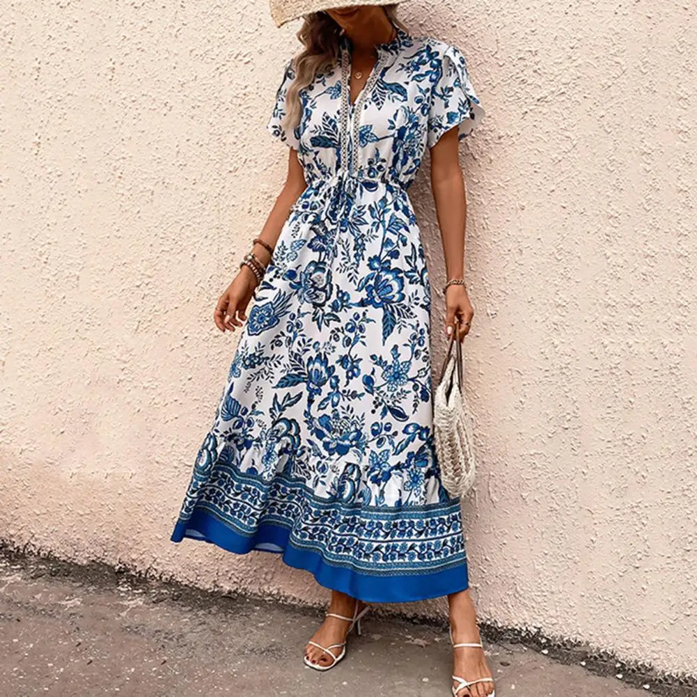 

Длинное пляжное платье-макси в этническом стиле с цветочным принтом, с поясом и V-образным вырезом, женское летнее платье-трапеция до щиколотки для отпуска